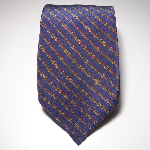 Vintage Celine Paris Geometric Link Navy Blue 100% Silk Tie Made In Spain - Picture 1 of 7